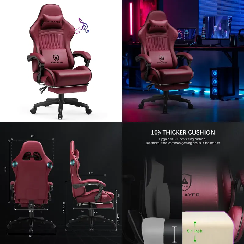 Pc Gaming Usa - เก้าอี้เกมมิ่ง GTPLAYER พร้อมลำโพง, เก้าอี้ปรับเอนได้หุ้มหนังเทียมตามหลักสรีรศาสตร์ พร้อมที่พักเท้า, เก้าอี้สำหรับคอมพิวเตอร์แบบหมุนได้